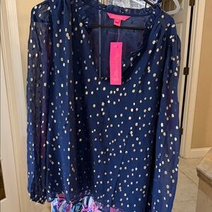 Lilly Pulitzer XL Giana silk Navy Blue Sheer Blouse with Gold Polka Dots new
